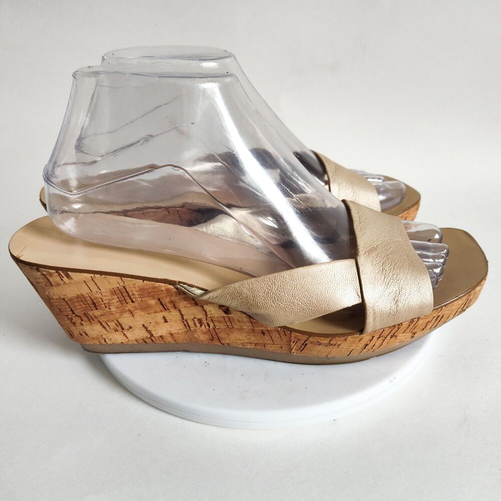 Nine West Metallic Gold Leather Sandals Cork Wedge Heels‎ Slip On Cutouts 8.5